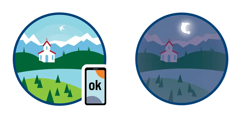 Zwei kreisförmige Illustrationen einer Berg- und Kirchlandschaft über See und Wald: links helle Tagesszene mit Smartphone-Symbol „ok“, rechts dieselbe Szene in bläulicher Nacht mit Mond. Symbolisch steht das für fixes Sehen in Ferne und Nähe mit möglichen Streulichtern bei Nacht und Dämmerung durch multifokale Linsen.