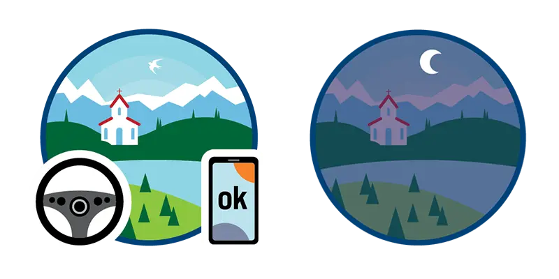 Zwei kreisförmige Illustrationen einer Berg- und Kirchlandschaft über See und Wald: links helle Tagszene mit Lenkrad- und Smartphone-Symbol („ok“), rechts dieselbe Szene in bläulichem Nachtlicht mit Mond. Symbolisch steht das für stufenlos scharfes Sehen von fern bis nah und – dank Nachtoptimierung – deutlich bessere Sicht bei Nacht und Dämmerung mit iosfokalen Linsen.